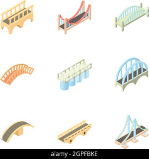 Typen von Brücken Icons Set, Cartoon-Stil Stock Vektor