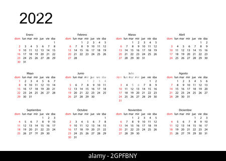 2022 Jahre schwarzer und roter spanischer Kalender. Countdown-Seite für den Monat eingestellt. Tag, Woche. Datum und Zeitplan. Druckbare Versionsvorlage einfaches Design. Unternehmen Stock Vektor