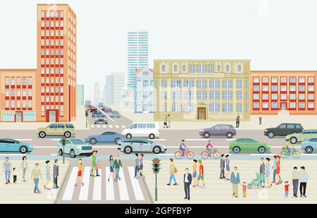 Stadtlandschaft mit Straßenverkehr und Fußgängern am Zebrastreifen, Illustration Stock Vektor