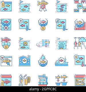 RGB-Farbsymbole für die Fischindustrie eingestellt Stock Vektor