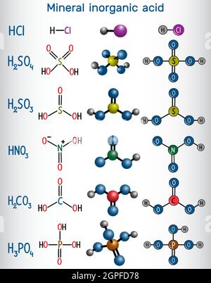 Chemische Formel und Molekülmodell mineralische anorganische Säure. Salzsäure (HCL), Schwefelsäure (H2SO4), Salpetersäure (HNO3), Kohlensäure (H2CO3 Stock Vektor