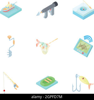 Fische fangen Icons Set, Cartoon-Stil Stock Vektor