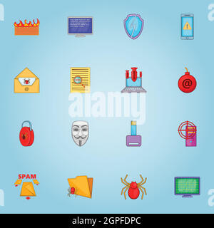 Viren auf Ikonen Computersatz, Cartoon-Stil Stock Vektor