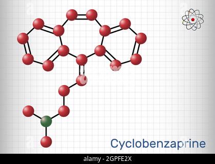 Cyclobenzaprin, Molekül. Es ist zentral wirkende Muskelrelaxans. Strukturelle chemische Formel und Molekülmodell. Blatt Papier in einem Käfig Stock Vektor