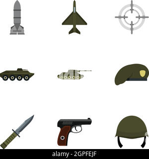 Ausrüstung für Krieg Icons Set, flachen Stil Stock Vektor