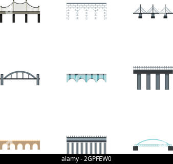 Arten von Brücken Symbole festlegen, flache Stil Stock Vektor