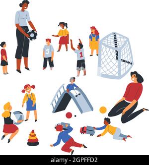 Lehrer spielt mit Kindern, Fußball und Spiele Stock Vektor