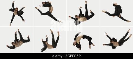 Tanz der Gefühle. Erstaunliche Leistung eines flexiblen männlichen Balletttänzers, der isoliert auf weißem Hintergrund trainiert. Collage Stockfoto