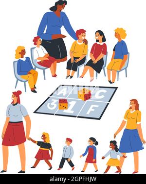 Lehrer mit Kindern, die Alphabet durch Spielen lernen Stock Vektor