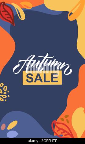 Herbst Verkauf Vektor-Illustration Vorlage mit Schriftzug Typografie des Herbstes. Herbstverkauf Ikone, Abzeichen, Poster, Banner mit Unterschrift. Apfel, Blätter Stock Vektor