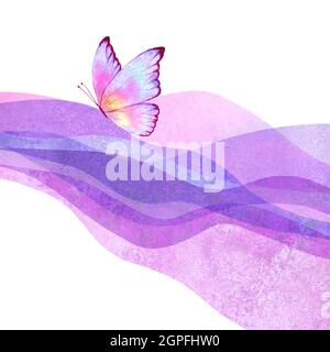 Aquarell transparent Welle lila Lavendel rosa Hintergrund. Aquarell handbemalte Wellen Illustration mit Schmetterling. Bannerrahmen isoliert Stockfoto