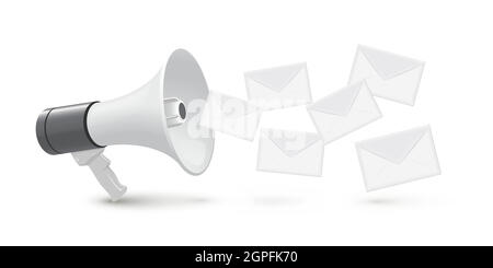 Vektorgrafik für Megaphon- und Briefumschläge. Realistisches 3d-Bullhorn, fliegende Social-Media-Nachrichten, E-Mail oder Newsletter für Kunden, megape Stock Vektor