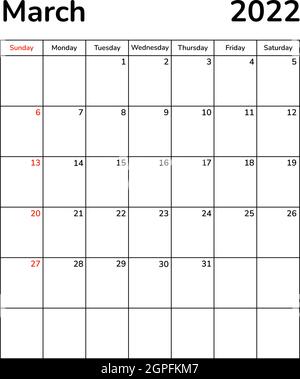 Monatliche Planner-Seiten 2022. Kalenderseite für den Monat März. Organizer Scheduler Timetable Vektorvorlage. Wandschreibtisch Firmenkalender. Die Woche beginnt Stock Vektor