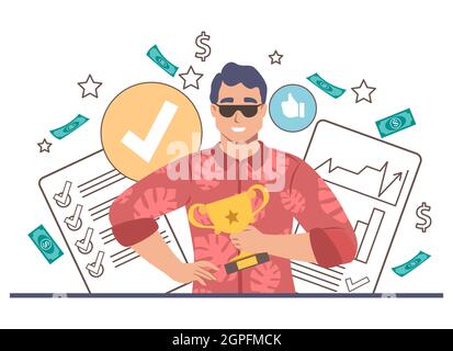 Glücklicher Geschäftsmann, Champion, Gewinner des Unternehmenswettbewerbs mit Trophäe, Vektorgrafik. Karriereentwicklung. Stock Vektor