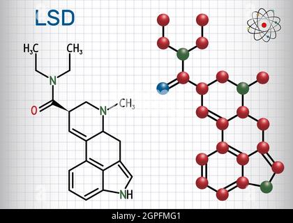 Lysergsäurediethylamid (LSD). Es ist eine halluzinogene Droge. Strukturelle chemische Formel und Molekülmodell. Blatt Papier in einem Käfig Stock Vektor