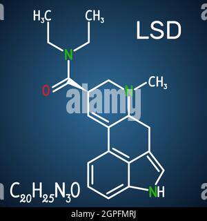 Lysergsäurediethylamid (LSD). Es ist eine halluzinogene Droge. Strukturelle chemische Formel und Molekülmodell auf dem dunkelblauen Hintergrund Stock Vektor