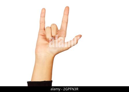amerikanische Zeichensprache. Weibliche Hand zeigt Ich liebe dich. isoliert auf weißem Hintergrund Stockfoto