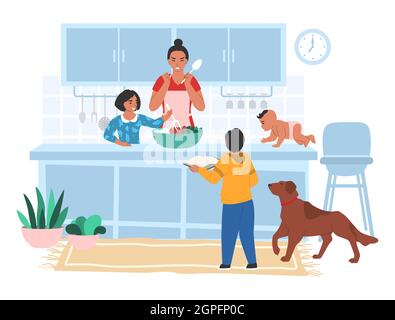 Gestresst müde Mutter Kochen in der Küche mit ihren Kindern, flache Vektor-Illustration. Elterlicher Stress. Stock Vektor