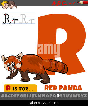 Buchstabe R Arbeitsblatt mit Karikatur roten Panda Tier Stock Vektor