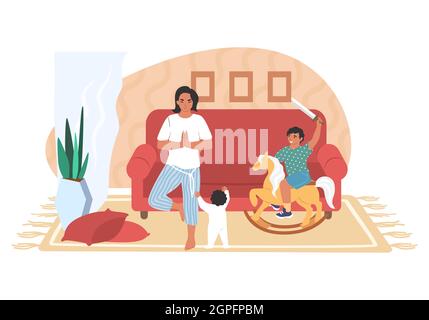 Mutter meditiert in Yoga-Position, ungezogene Kinder spielen im Zimmer, flache Vektorgrafik. Elterlicher Stress. Stock Vektor