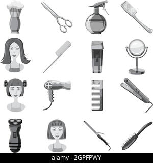 Barber Icons Set, grauen Stil Monochrom Stock Vektor