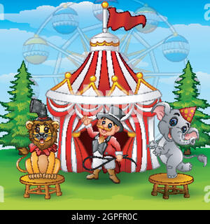 Zirkuselefant mit Löwe und Tamer auf dem Zirkuszelt-Hintergrund Stock Vektor