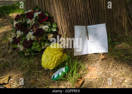 In der Nähe des Hauses, in dem die Sängerin Amy Winehouse am 17. Juli 2021, vor dem 10. Todestag, in London lebte, werden florale Ehrungen und Botschaften gesehen. Stockfoto