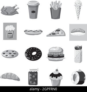 Fast-Food Icons set, grau Stil Monochrom Stock Vektor