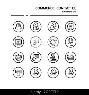 Symbol für die Handelslinie in einem Kreis gesetzt. Personen, Kassierer, Telefon, Sicherheit, Ticket, Geld und Hände. Isolierte Gruppe. Vektorgrafik Stock Vektor