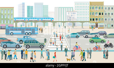 City Silhouette mit Menschen auf dem Bürgersteig und Straßenverkehr, Illustration Stock Vektor