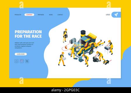 Landung des Autodienstes. Mechaniker, die in der Garage arbeiten, die Autotechnik repariert, Service-Diagnose-Autos Vektor-Webseite-Vorlage Stock Vektor
