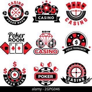 Casino-Abzeichen. Glücksspiel Poker Spiel Chips Würfel Bilder Karten Vektor Embleme gesetzt Stock Vektor