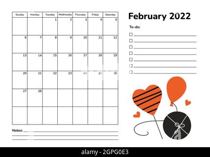 Horizontaler Planer 2022. Kalenderseite Februar. Organizer Scheduler Timetable Vektorvorlage. Wandtisch Firmenkalender. Monatliche Seiten. Woche Stock Vektor