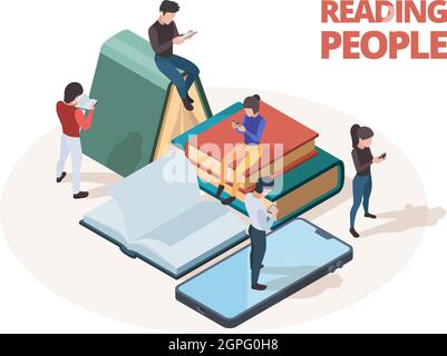 Lesen von Menschen. Studie Personen mit Büchern Zeitungen und Smartphones Lesen in der Bibliothek Vektor isometrisches Konzept Stock Vektor