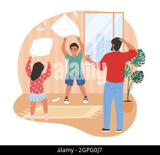 Gestresster Vater schaut auf seine frechen Kinder spielen mit Kissen, flache Vektor-Illustration. Elterlicher Stress. Stock Vektor