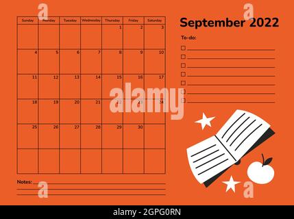 Horizontaler Planer 2022. Kalenderseite September. Organizer Scheduler Timetable Vektorvorlage. Wandtisch Firmenkalender. Monatliche Seiten. Woche Stock Vektor