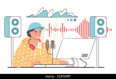 Sounddesigner, Ingenieur, der Tonspuren im Studio erstellt, Vektorgrafik. Professionelle Musikproduktionsausrüstung. Stock Vektor
