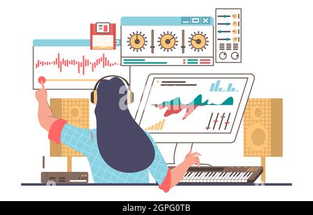 Sounddesigner, Techniker, der Kopfhörer trägt, Musik aufzeichnet, flache Vektorgrafik. Tonstudio Stock Vektor