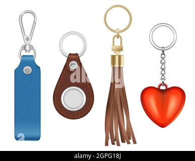 Trinket realistisch. Verschiedene Formen und Texturen von Schlüsselanhänger aus Metall und goldenen Kreisringen Vektor-Schmuckkettensammlung Stock Vektor