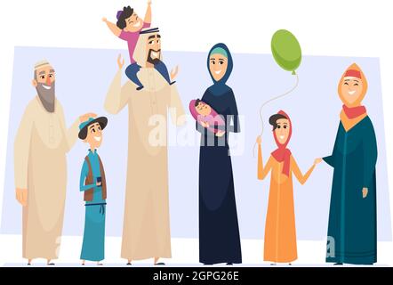 Arabische Familie. Männliche und weibliche muslimische glückliche Personen Vater Mutter Kinder und ältere Senioren Vektor saudische Menschen Stock Vektor