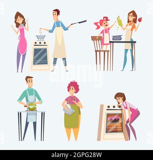 Menschen kochen. Paare Familie bereitet Essen in der Küche serviert Abendessen Vektor-Figuren Cartoon Stock Vektor
