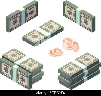 Geld isometrisch. Cash Goldmünzen und Dollar Finanzen Banking Symbole Vektor Sammlung Set Stock Vektor