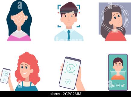 Gesichtserkennung. ID biometrischen Menschen Erkennung Sicherheit Smartphone Web-Zugang intelligente Identifikation Technologie Vektor Cartoon Set Stock Vektor