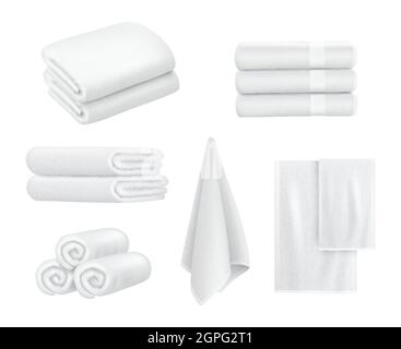 Handtuchstapel. Luxus Hotel textile Elemente für Bad Sport oder Resort Spa Hygiene-Artikel weiße Handtücher Vektor-Sammlung realistisch Stock Vektor