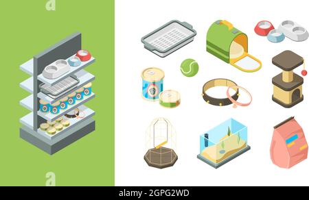 Haustiergeschäft. Produkte für Tiere Kugeln Spielzeug Lebensmittel Hunde Katzen Fische Artikel Vektor isometrische Sammlung Stock Vektor