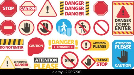 Aufmerksamkeitsboards. Admittance Symbole stoppen Hand rot umrahmt Aufmerksamkeit verboten Vektorzeichen Stock Vektor