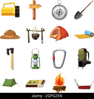 Camping Artikel Icons set, cartoon-Stil Stock Vektor