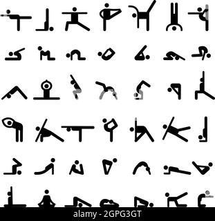 Yoga-Stick Menschen. Sport Übungen flexible Person verschiedene grundlegende Yoga Posen Symbole Vektor Silhouetten von einfachen Figuren Zeichen Stock Vektor