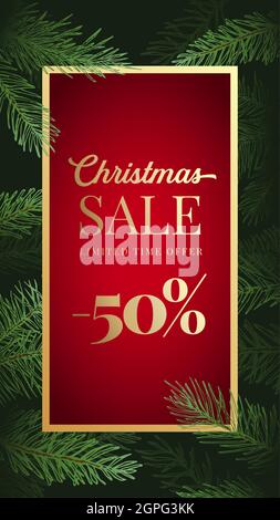 Weihnachtsangebot Werbeaktion Vektor-Werbekarte oder Poster. Pine Branches Hintergrund mit Text Copy Space und Typografie. Winterurlaub Geschichten oder Stock Vektor