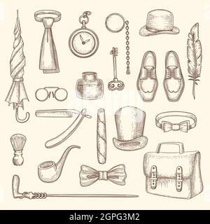 Gentleman. Zeichnung Kleidung für Mann Hut Whisky Zylinder Monocle Rasiermesser Vektor Retro Fashioned Sammlung Stock Vektor
